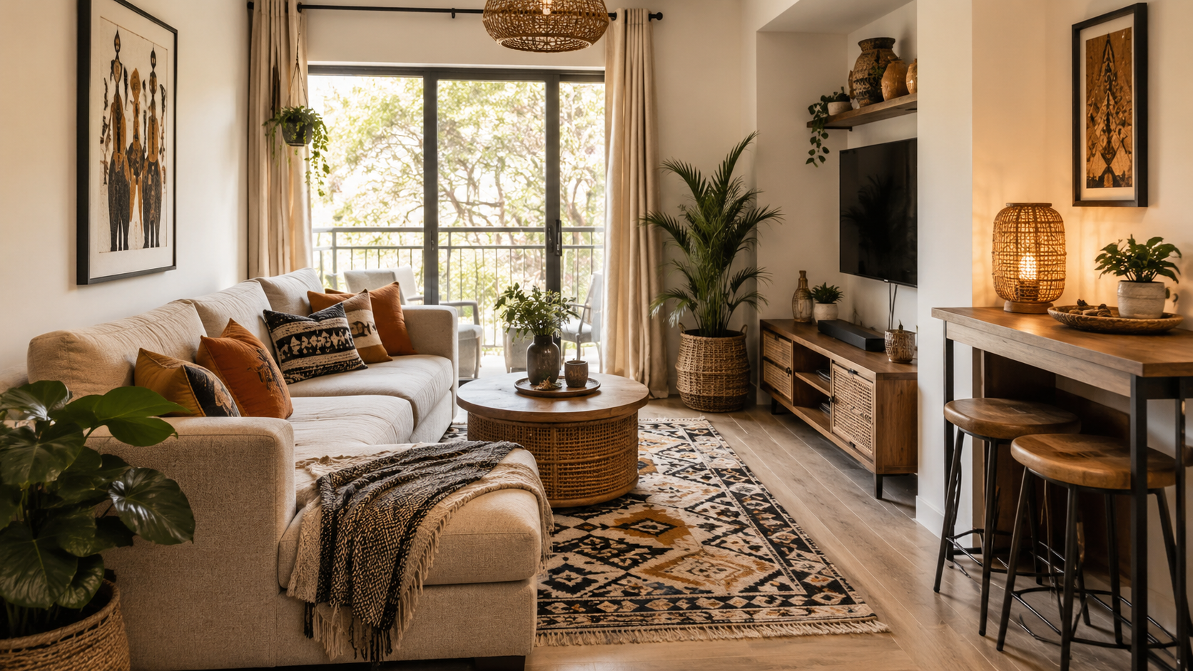 Compact apartment living room styled with African boho decor, space-saving furniture and patterned rug